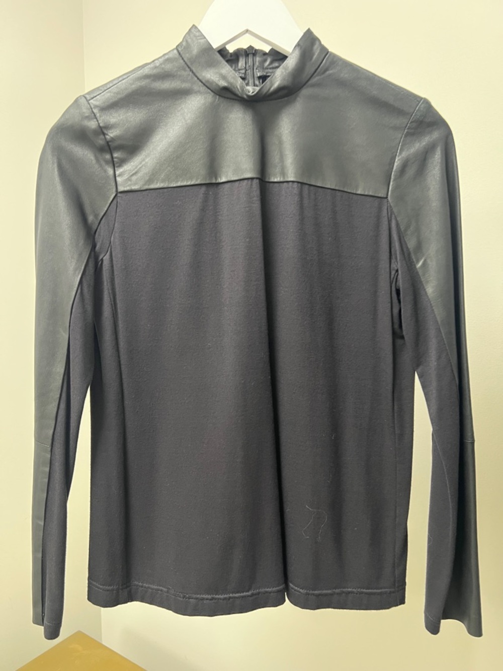 Black Faux Leather-Panel Long Sleeve Top